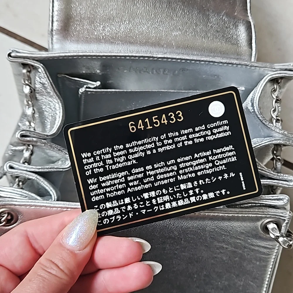 CHANEL Metallic Silver Mini Bag Chain Strap Turnlock w/Card - Picture 14 of 14
